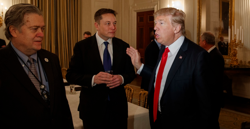 Elon Musk with Donald Trump and Steve Bannon in February 2017 (AP Photo/Evan Vucci)